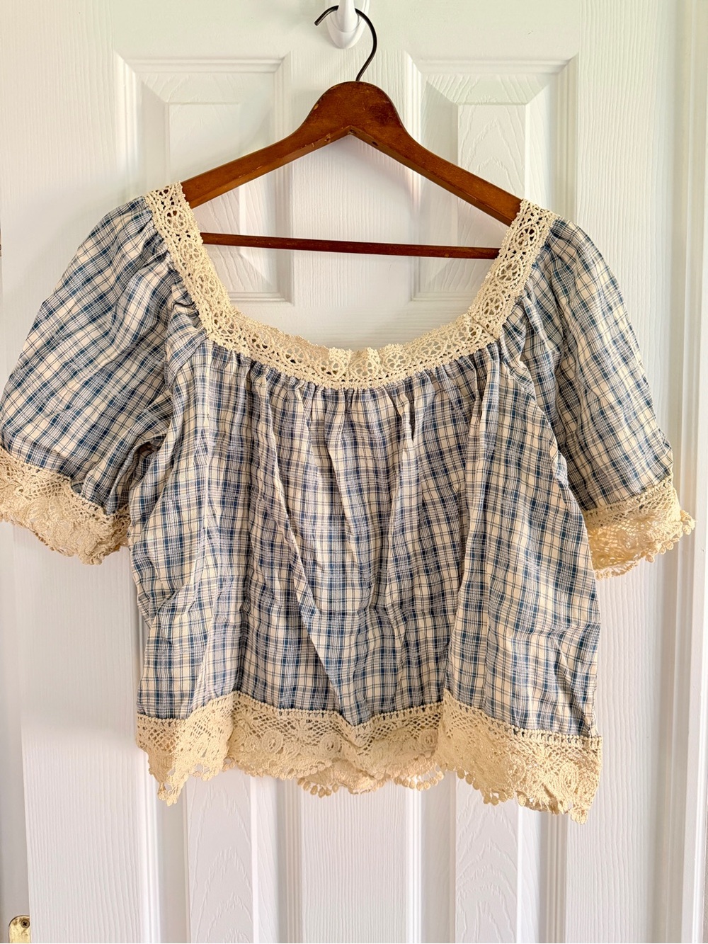 NWOT Square-Neck Plaid Lace-Trim Blouse in Blue and Cream in M & L - Picture 9 of 13